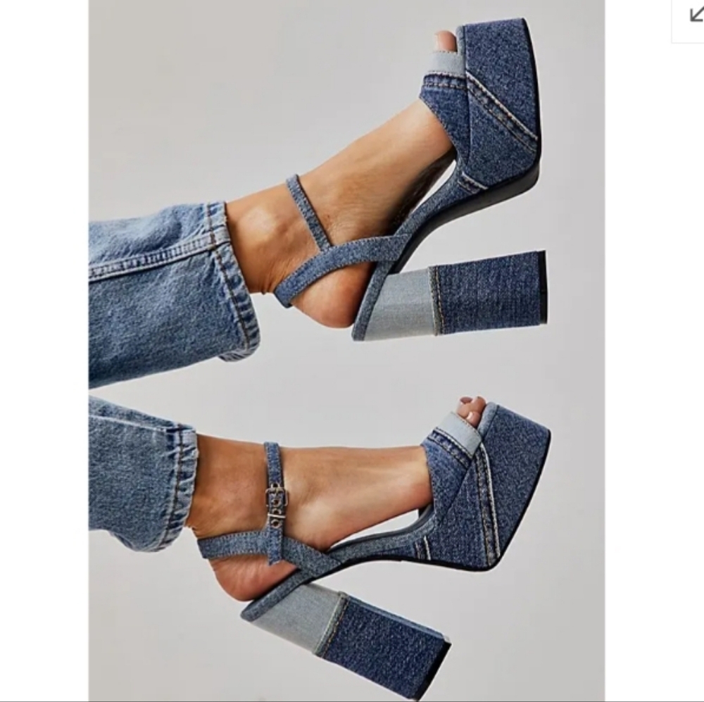 Denim Platform Block Heel Sandals - Blue